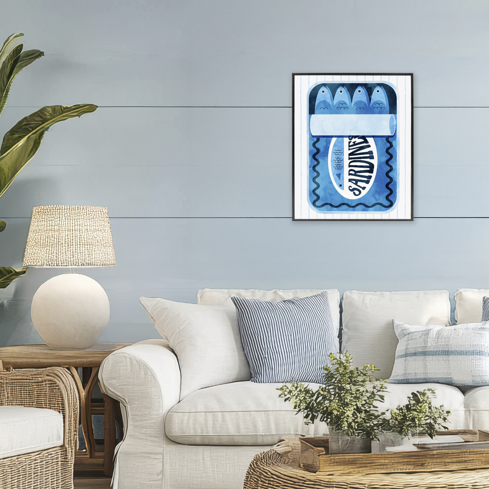 Blue Sardine Tin Over Stripes Black Framed Giclee Art, design by Daphne Polselli