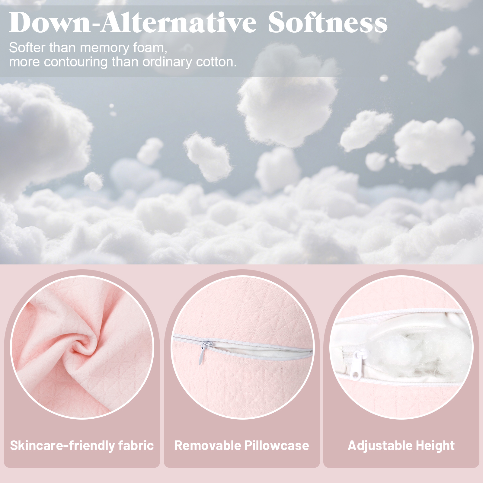 RoamReady Anti Wrinkle Anti-Aging Side Sleeper Pillow, Soft Neck Support Pain Relief Sleep Aid Beauty Pillow, Adult Pink