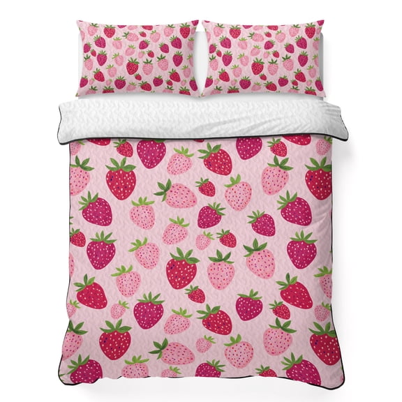 King Quilt Bedding Set Strawberries on Pink Background Summer Quilt Lightweight Quilted Coverlet with 2 Pillow Shams, Cute Red Fruit 3-Piece Bedspread Quilt Set for All Season