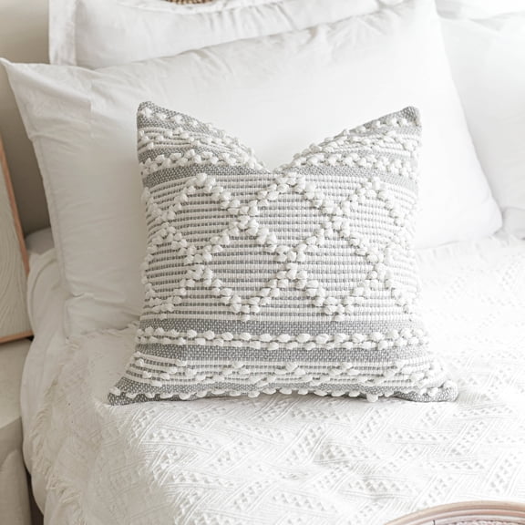 BlissBlush Gray White Decorative Throw Pillow Cover 22X22, Boho Accent Pillow for Couch, Square Modern Farmhouse Pillowcase for Living Room Couch Sofa Cushion Home Décor (Pack of 1)