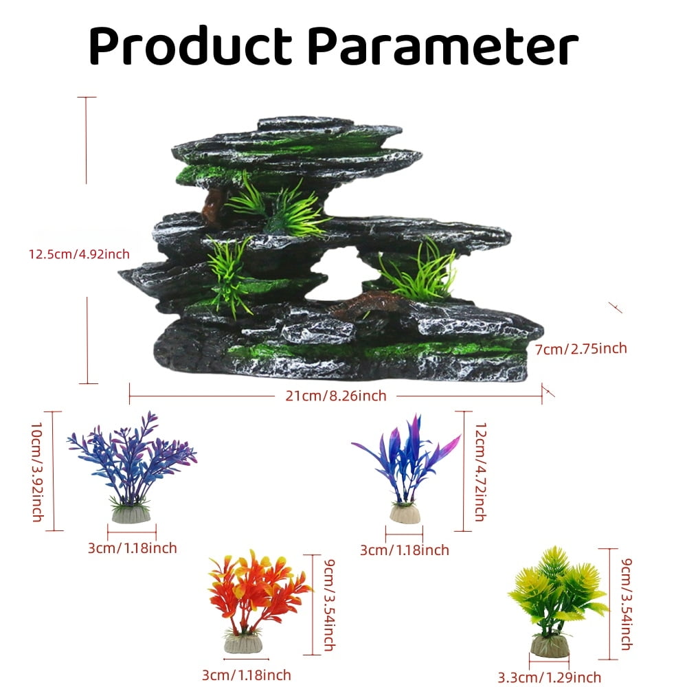 Resin Aquarium Mountain Decor with PVC Artificial Plants - Multi-Hole Cave & Resting Platform for Fish, Natural Stone Look Decoration for 10-50 Gallon Freshwater Tanks