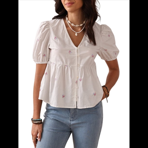 Tops Franceses de Verano para Mujer, Camisetas Elegantes con Mangas Abullonadas y Cuello en V, Camisetas Casuales para Mujer, Tops de Calle M