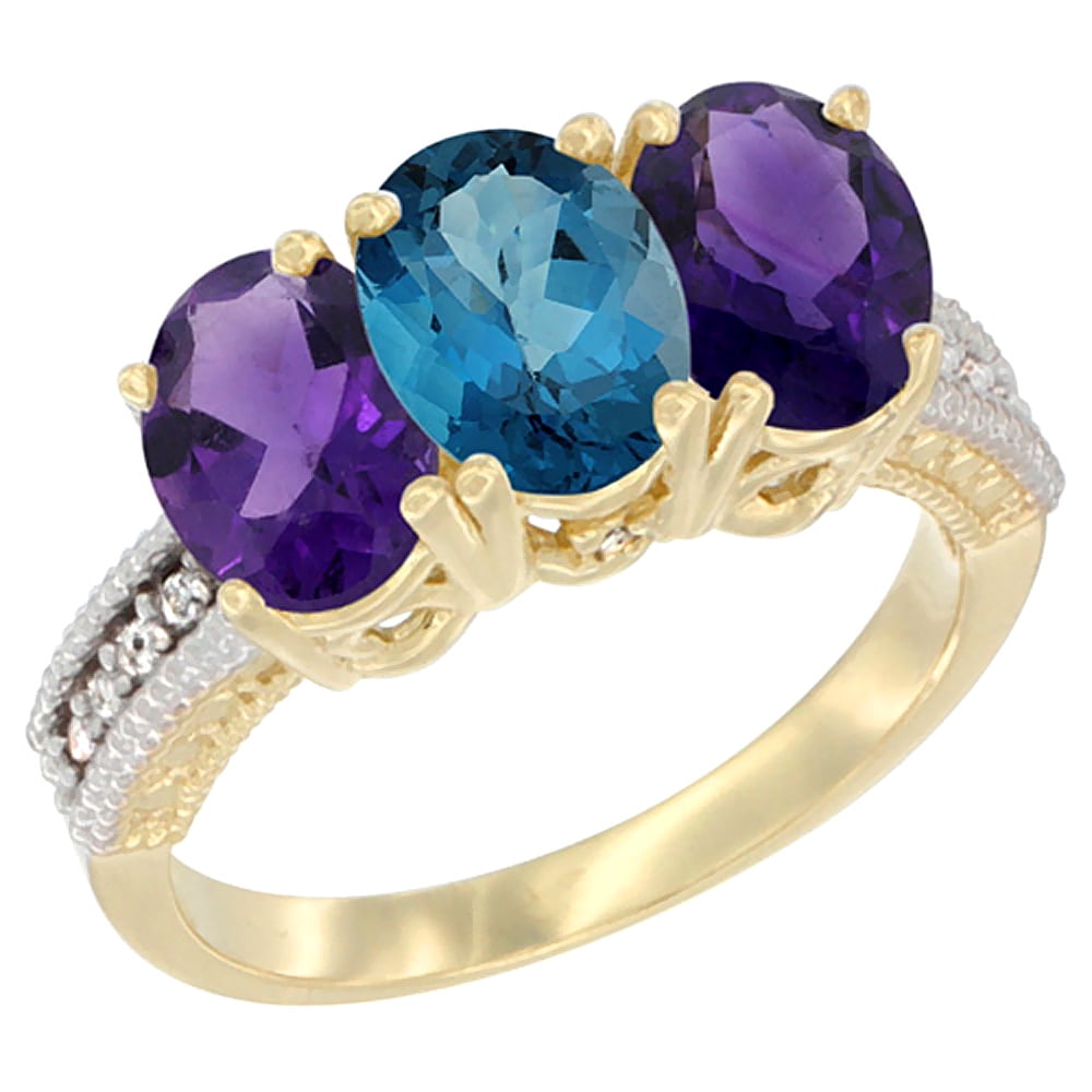 10K Yellow Gold Diamond Natural London Blue Topaz & Amethyst Ring Oval 3-Stone 7x5 mm,sizes 5-10 by WorldJewels