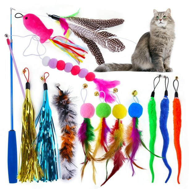 Unbranded Cat Toy Set Caterpillar Feather Replacement Head Colorful Hair Ball Tassel Retractable Fishing Rod Amusing Cat Stick 14pcs Retractable Colou