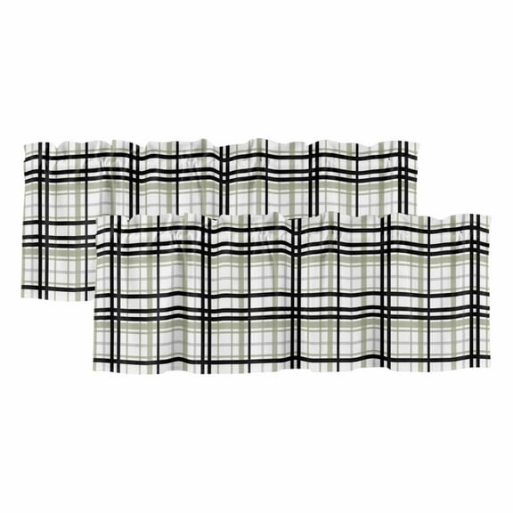 2 Pack Abstract Stripes Valance for Window Sage Green Black Grey Plaid Kitchen Valance Rod Pocket Short Curtain Topper Decorative Window Treatment for Living Room Bedroom 60"x18"
