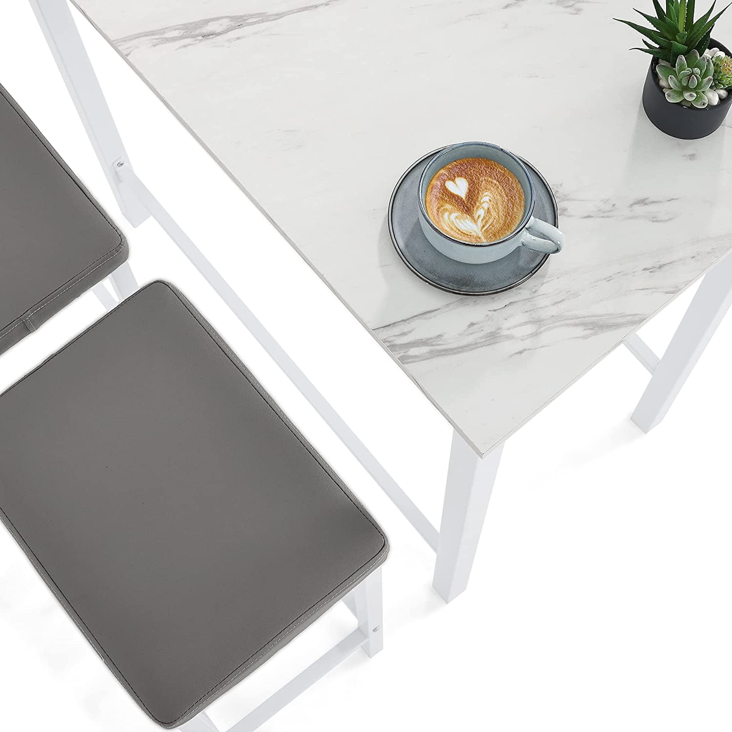 Bar Table Set with 2 Cushioned Counter Height Stools, Dining Table Set for 2, White Faux Marbled