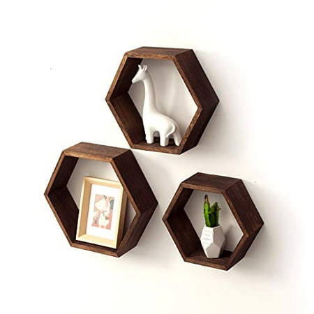 AZ L1 Life Concept Rustic Wall Mounted Hexagonal Floating Shelves – Set of 3 – Large  Medium and Small – Screws and Anchors Included - Farmhouse Shelves for Bedroom  Living Room and More  rustic brown