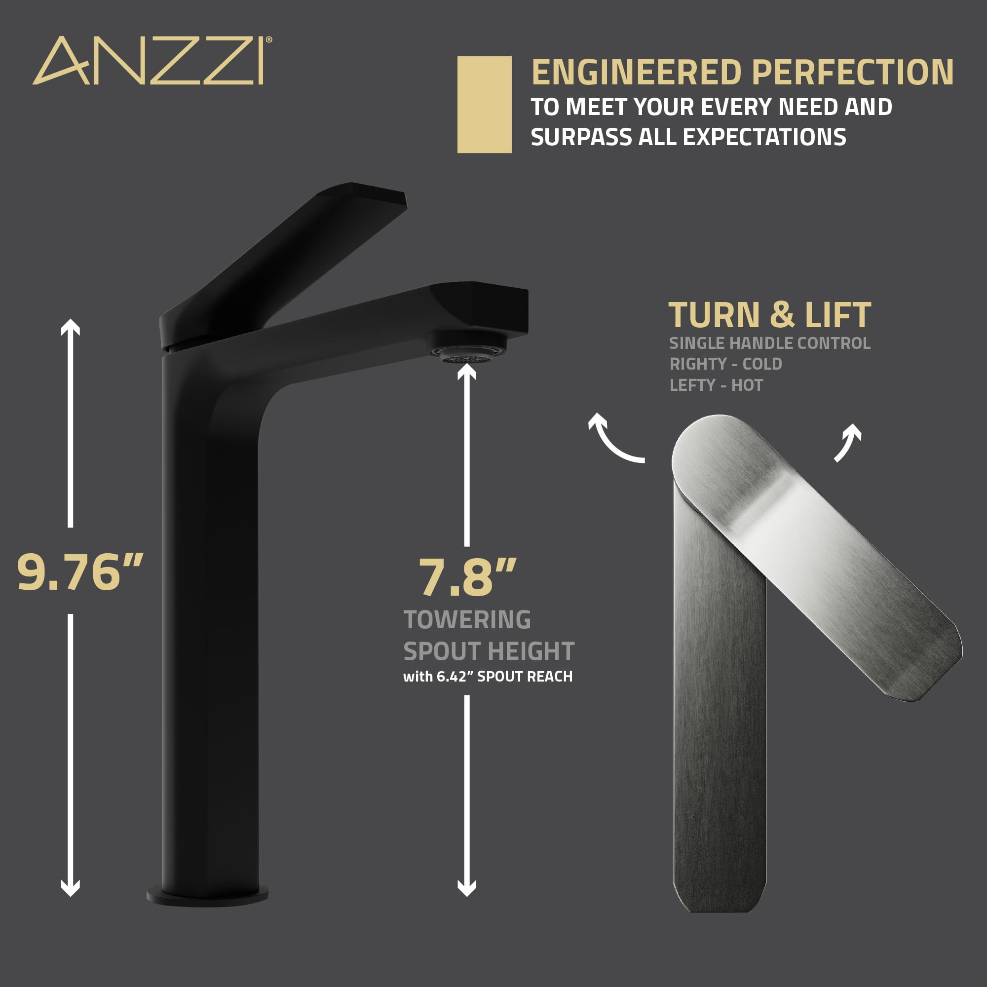 ANZZI Single Handle Single Hole Bathroom Vessel Sink Faucet With Pop-up Drain in Matte Black & Brushed Nickel