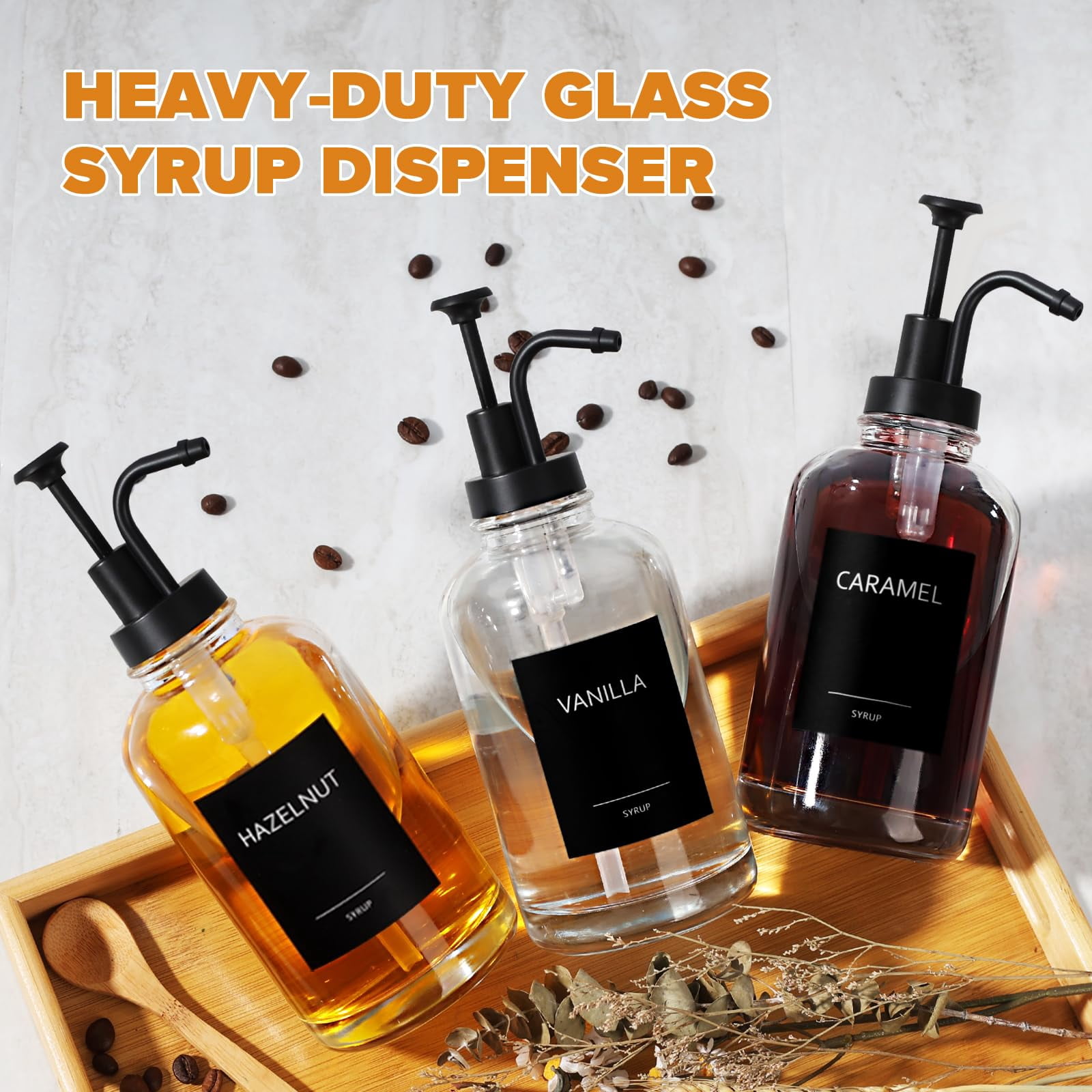 Syrup Dispenser For Coffee Bar  Glass With Pump 16.9 Fl Oz Honey Bottles Labels Spoons Art Pen 3 Pack