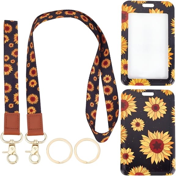 GJX Sunflower Lanyard ID Badge Holder with Lanyard Cute Vertical Hard Plastic Name Tag Case ID Protector 2 Styles Lanyards Straps 360 Swivel Lobster Clasps Breakaway for Women Teachers