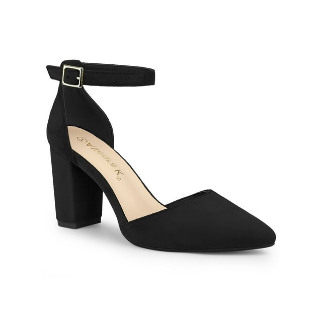BLISSFUL STEP Escarpins à Bride à la Cheville pour Femmes Bout Pointu Talon Bloc Haut Chaussures Habillées en Faux Suède Noir 7