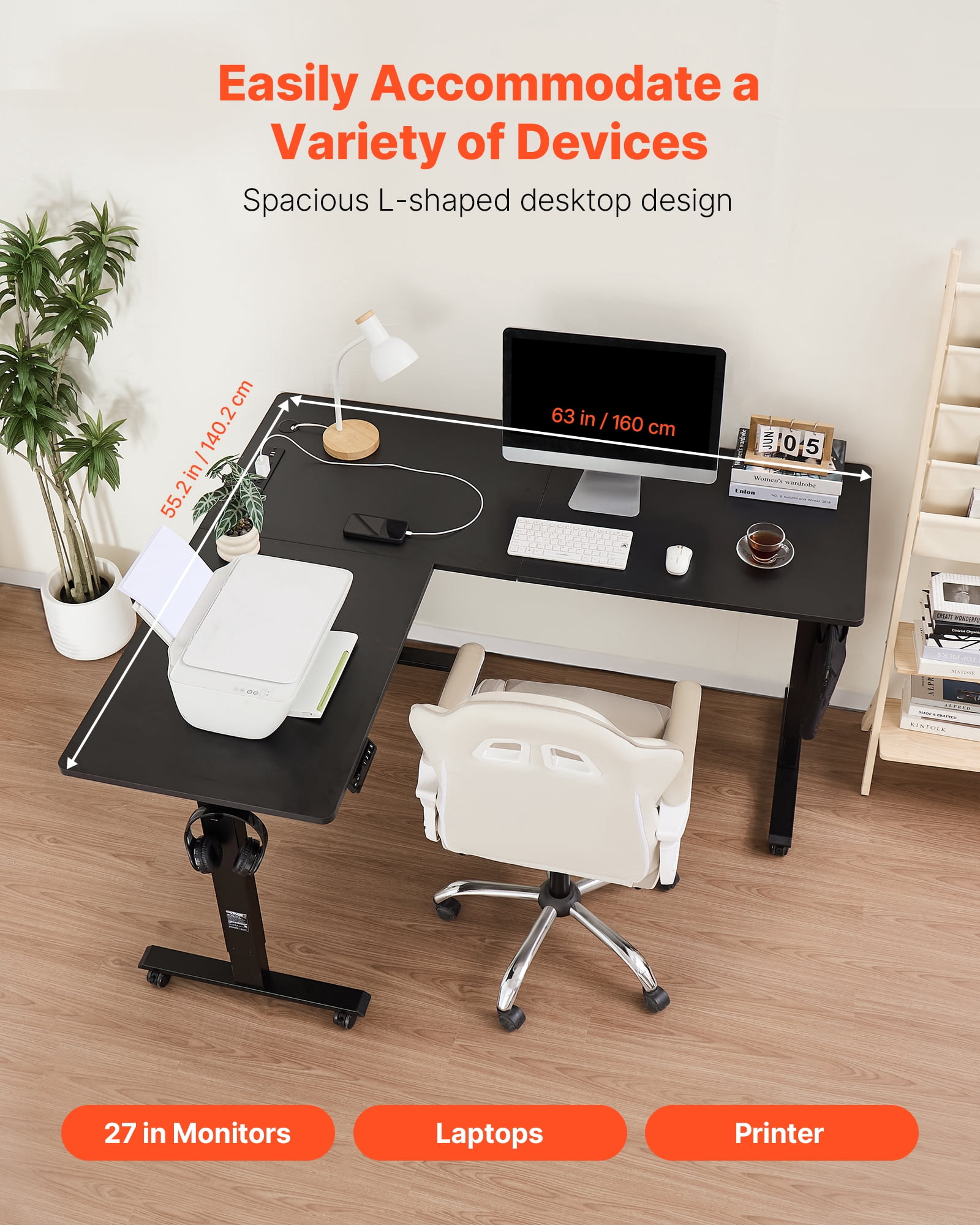 VEVOR L Shaped Desk, Electric Adjustable Height Corner Gaming Desk with Dual Hooks and Wheels, Heavy Duty Carbon Steel L-Shaped Computer Table with Power Strip for Home Office, Easy to Assemble