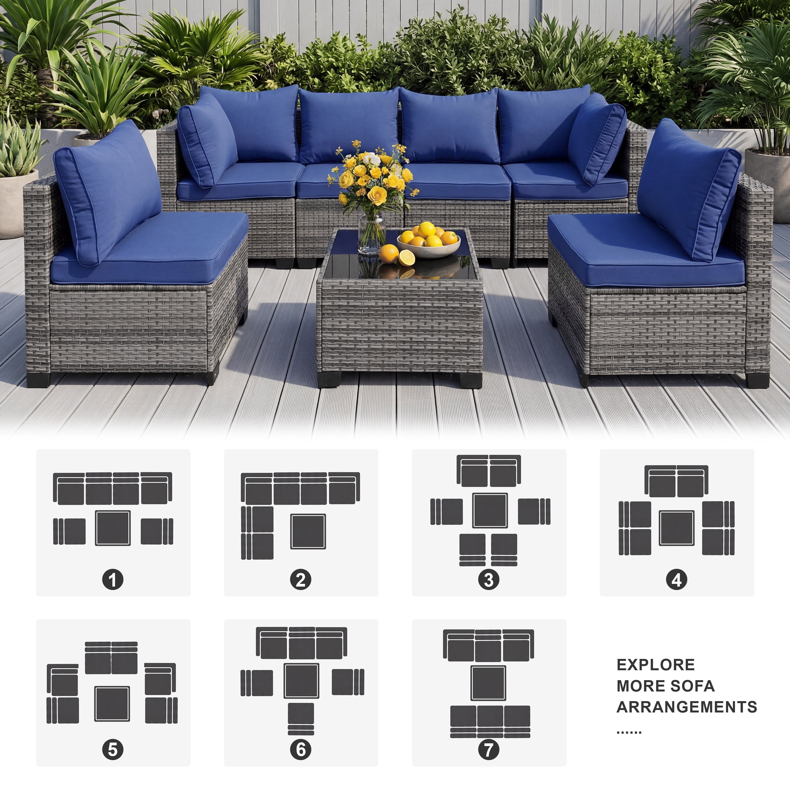 MOLIBYME 7 Pcs Outdoor Patio Furniture Set, Modular Outdoor Sectional Wicker Conversation Set, Rattan Sofa Set with Glass Table and Washable Cushion Covers, Blue Cushion