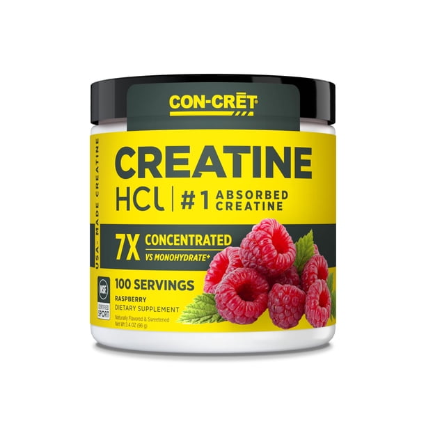 CON-CRET Creatina HCl en Polvo | Refuerzo de Energía Muscular, Cognitiva y Celular | Sin Hinchazón ni Calambres | Hecho en EE. UU. y Certificado por la NSF | Frambuesa (100 Porciones)