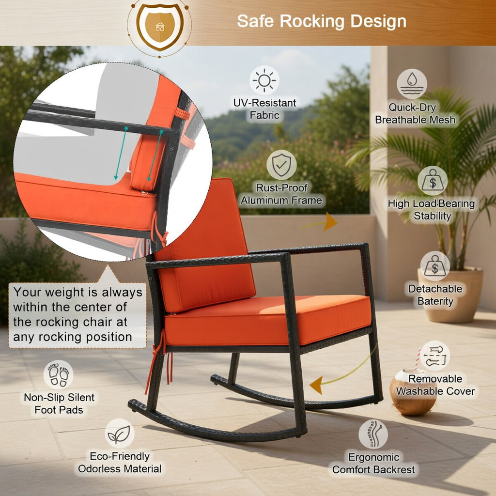 Hommoo Outdoor Rattan Rocking Chair with Thick Cushions, PE Wicker Glider for Patio, Backyard, Deck, Rustic Black Frame, Orange
