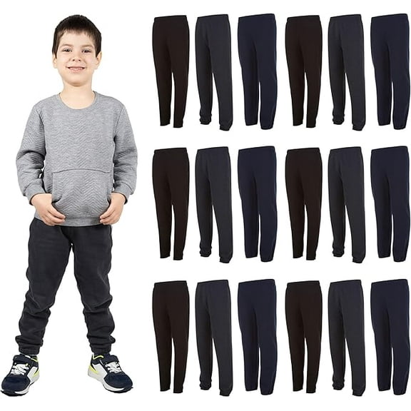 Yacht & Smith 18 Pack of Boys Jogger Bulk Sweatpants, Black Navy Gray, Comfy Lounge Joggers for Kids (Assorted, Large)