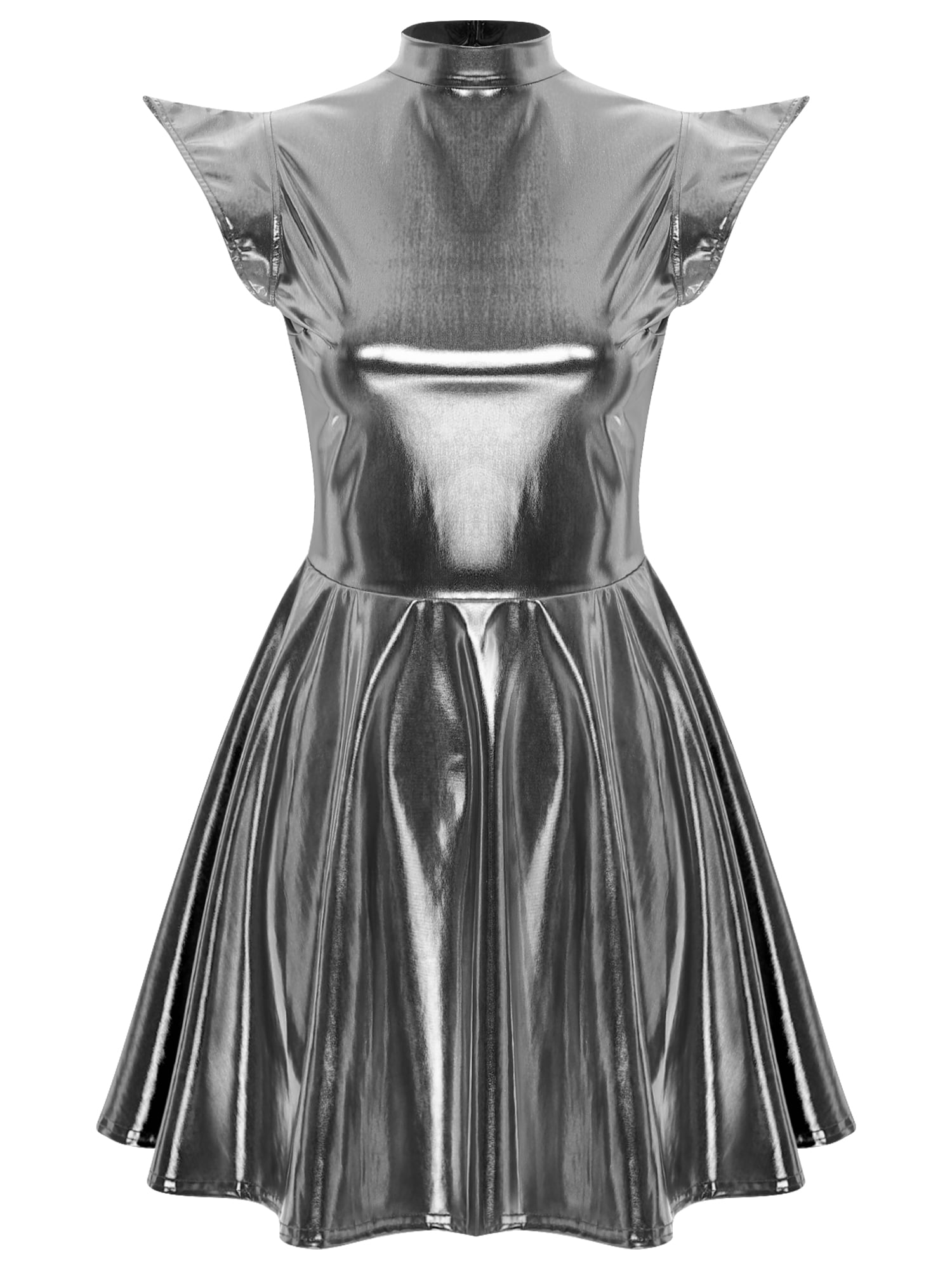 Haitryli Women's Holographic High Waist Dress Party Club Disco Pleated Dress Cosplay Outfits Wet Grey M