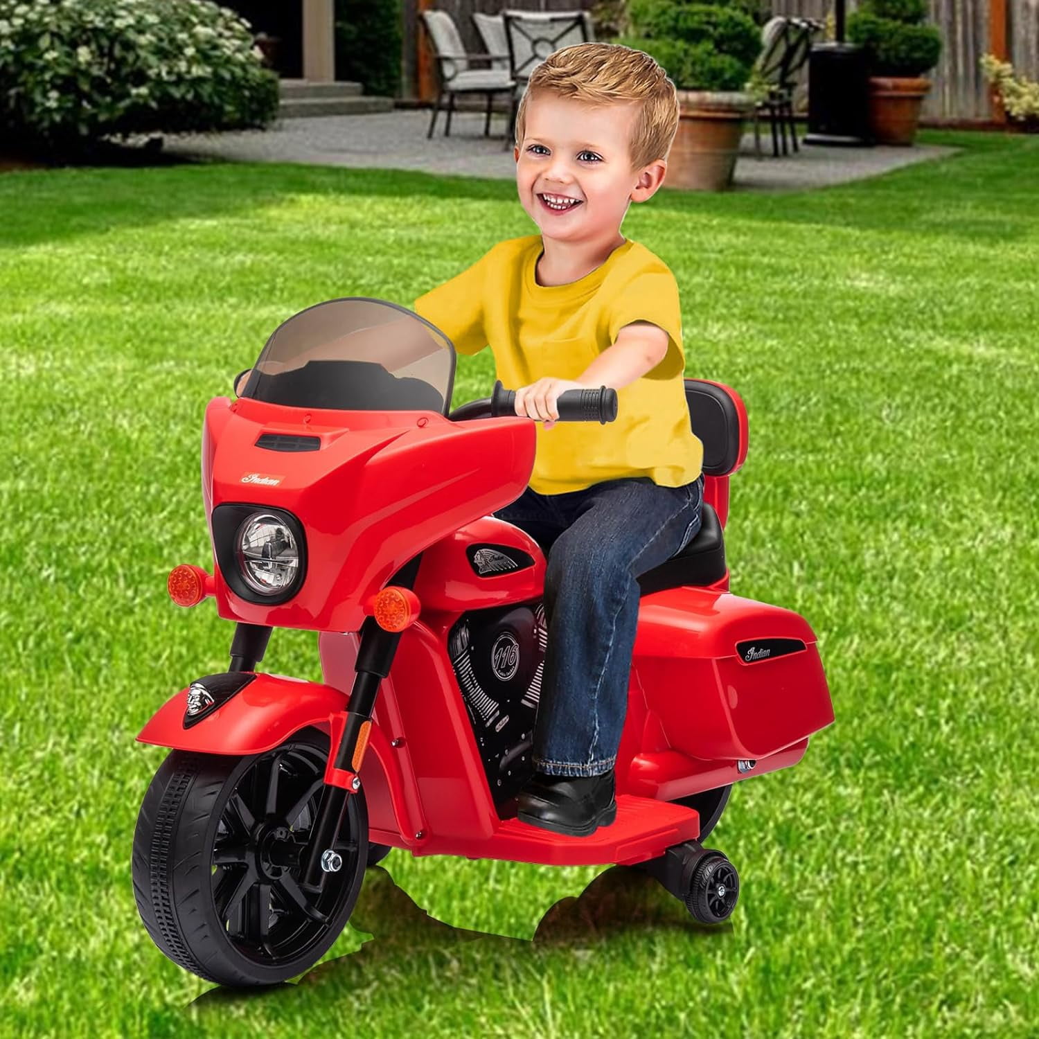 Licensed Indian Motorcycle 6V Kids Ride on Motorcycle, Battery Powered Electric Motorbike for Toddler with Training Wheels, Headlight, Music, Ride on Toys for 3-6 Years Boys & Girls, Red
