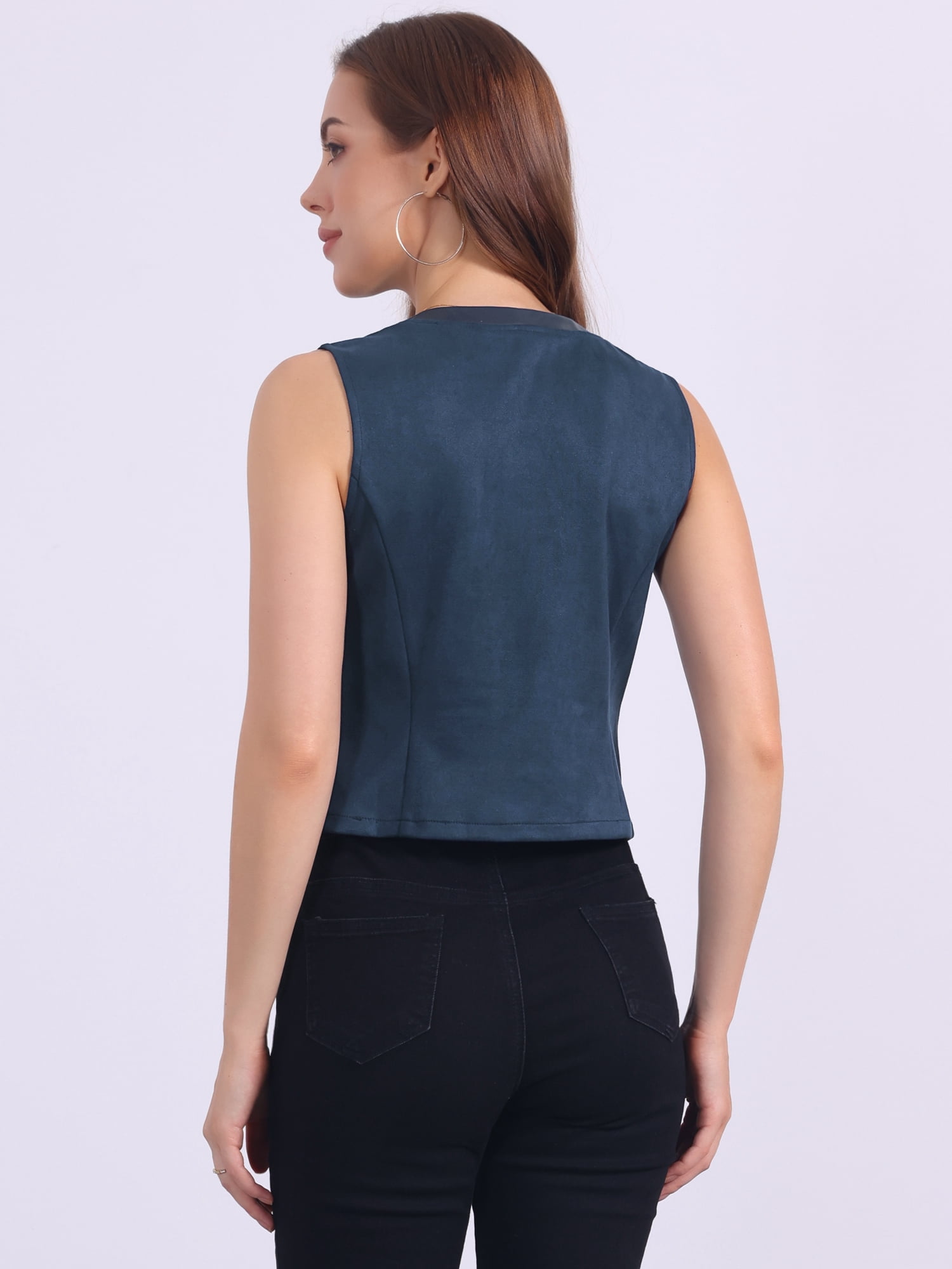 DARING DIVA Women's Vintage V Neck Faux Suede Button Down Sleeveless Jacket Vest L Navy Blue