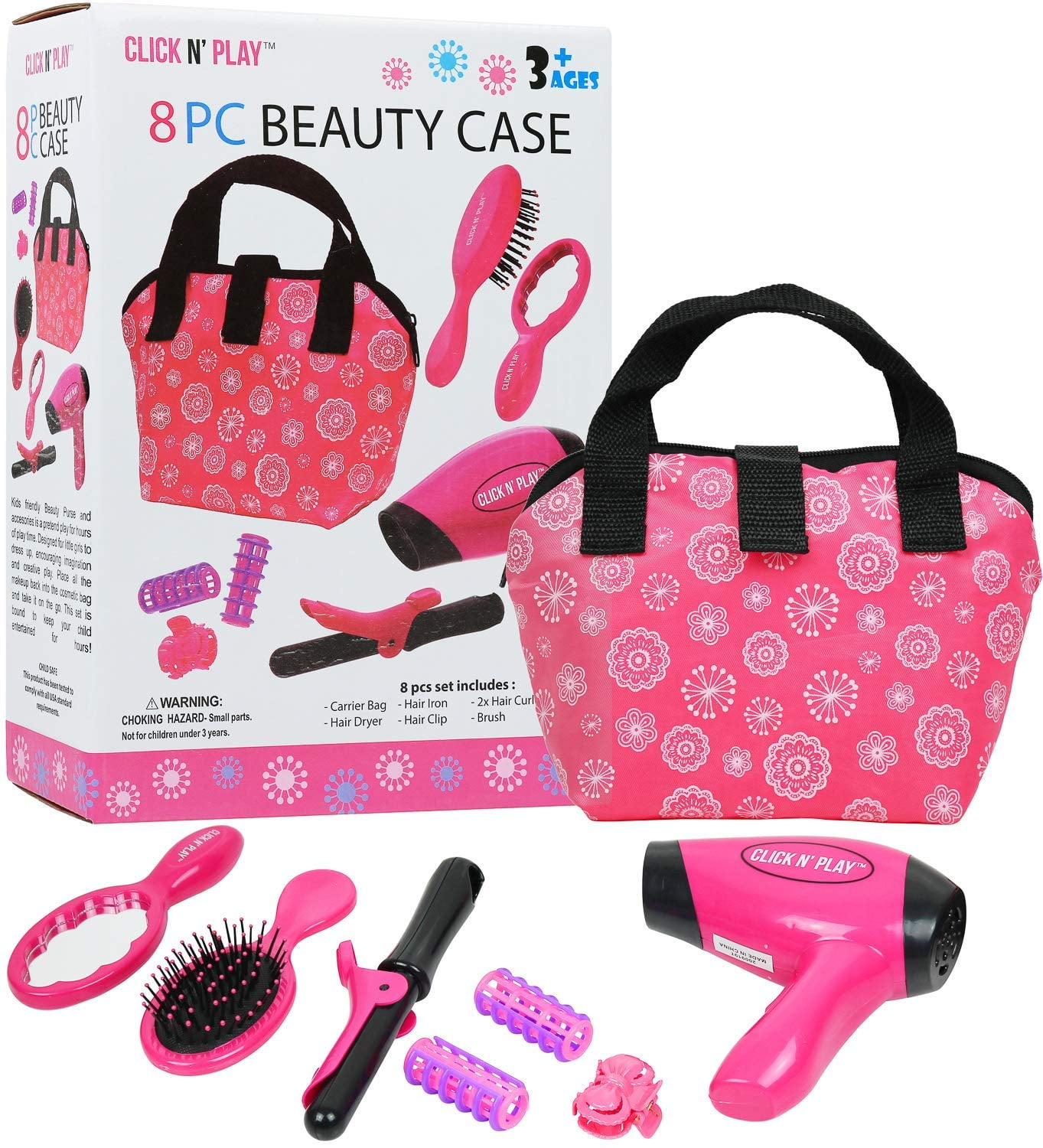 Battery Operated Girls Hair Dryer Toy Play Set in Carry Case Mirror Brush 