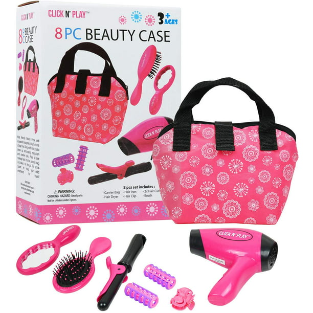 Click N' Play Set of 8 Kids Pretend Play Beauty Salon Fashion Play Set with  Hairdryer, Curling Iron, Mirror & Hair Styling Accessories with a Beauty  Tote Bag 