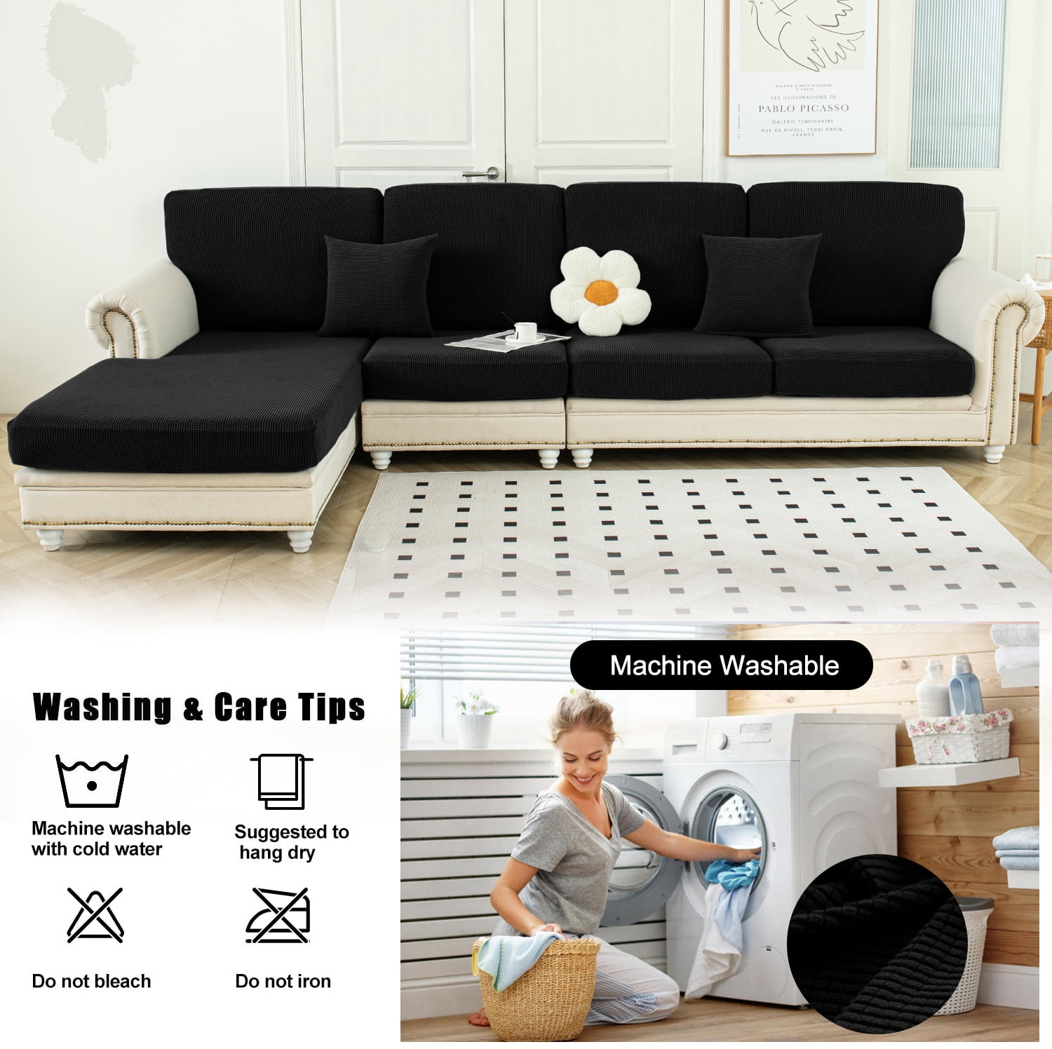 Sanmadrola Couch Covers Sofa Cushion Cover Slipcovers Wear-Resistant Universal Stretch Anti-Slip Sectional L Shape Sofa Covers, Chaise Lounge Sofa Slipcover