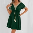 thumbnail image 3 of Efsteb Womens A line V Neck Dress with Pockets Solid Color Short Sleeve Waist Retraction Dress (Green,L), 3 of 7