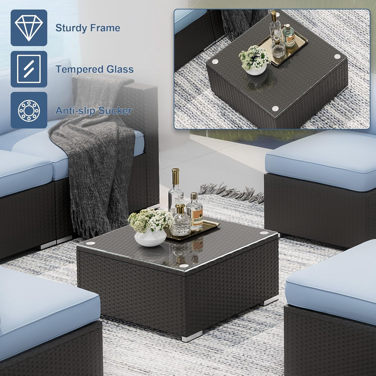 SUNCROWN 7-Piece Outdoor Patio Furniture Sofa Set All-Weather Black Wicker Sectional Conversation Set with Modern Glass Coffee Table and Cushions-Light Blue