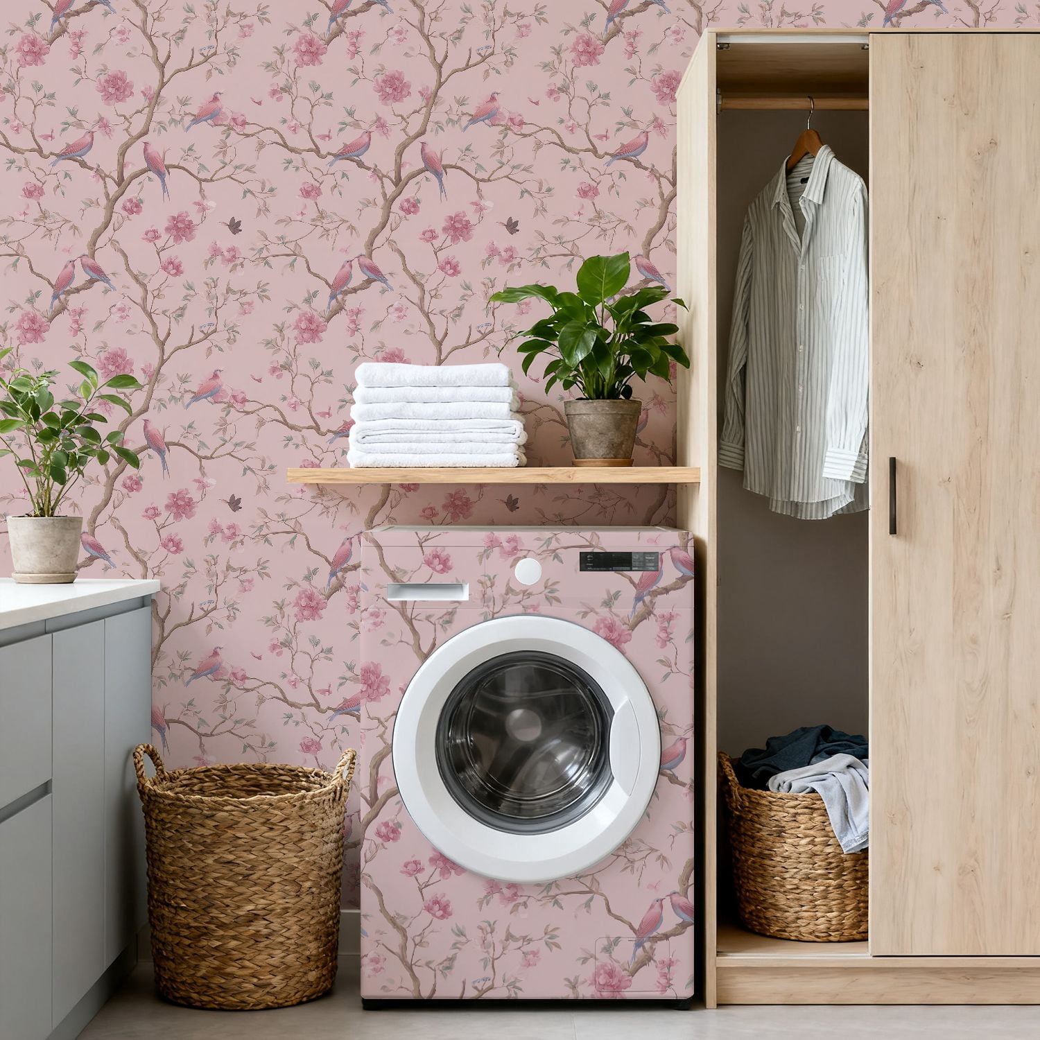 Peel and Stick Wallpaper Delicate Pink Floral Bird Branches Soft Pastel Colors Wall Mural 17.7in x 9.8ft Self Adhesive Removable Wall Paper Renter Friendly Wallpaper for Nursery Bedroom Cabinets