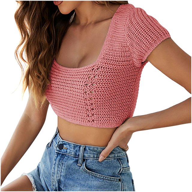 Birdeem Mode Femmes Manches Courtes Col Rond Uni Décontracté Élastique Tricoté Blouse Confortable Chemises