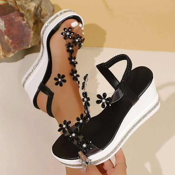 Viluyesy Women's Platform Sandals, Flower Decoration Peep Toe Ankle Elastic Strap New Style Comfortable Wedge Shoes Black