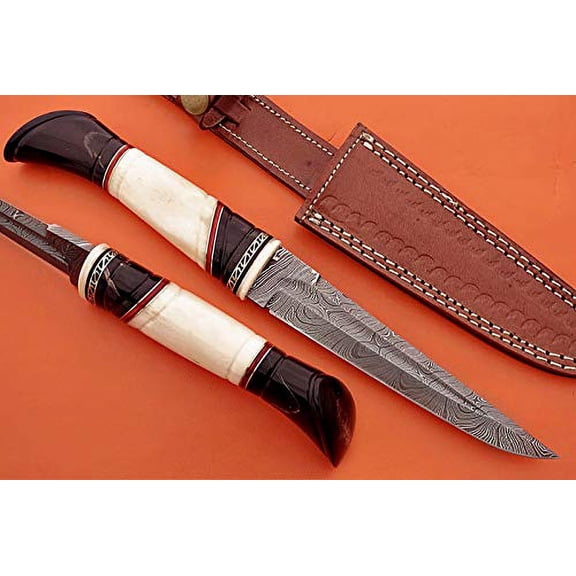 11.5 Inches Hand Forged Damascus Steel Straight Back Blade Skinning Knife, Hand Carved Bull Horn and Camel Bone Round Scale Crafted with Brass, 6.25" Blade, Cow Hide Leather Sheath with Belt Loop
