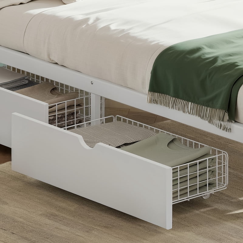 HICOMILA Queen Size Platform Bed with Storage Drawers, Metal Daybed Frame with Upgraded Safety Round-Pipe Design, Low Profile Design, White