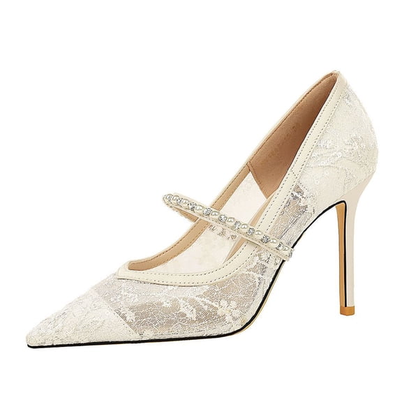 Womens Stiletto Pointed Toe Pumps Sexy Mesh Sparkly Diamante Pearls Wedding Shoes 9.5cm for Bride Prom Party