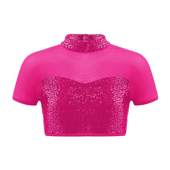 Hansber Kids Girls Sequins Crop Tops Short Sleeve Mock Neck Mesh Splice Glitter Ballet Jazz Modern Dance Top Hot Pink 4