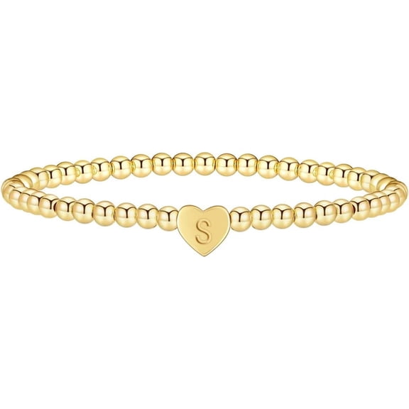 Golden Bracelets for Women, Golden Plated Heart Letter Beaded Bracelets Golden Initial Stretch Bead Bracelet Jewelry Gifts