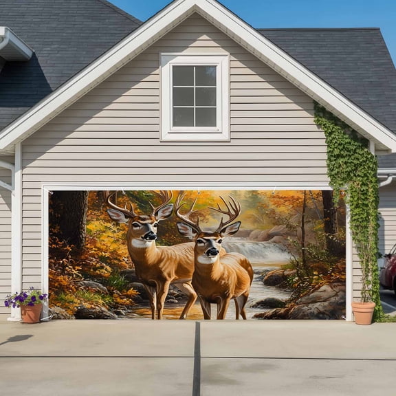 Orange Autumn Deer Garage Door Cover Banner 6 x 13 FT, Vintage Forest River Garage Door Curtains Backdrop with Grommets for Indoor Outdoor Wall Party Porch Yard Decorations Background