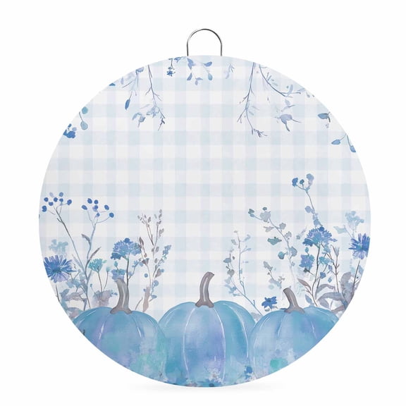 Welcome Sign for Front Door, Blue Pumpkins Round Metal Wall Art Wreaths, Thanksgiving Maple Leaf Harvest Retro Plaid Outdoor Indoor Wall Hanging Sign for Porch Decor Housewarming Gifts 5.9 Inch