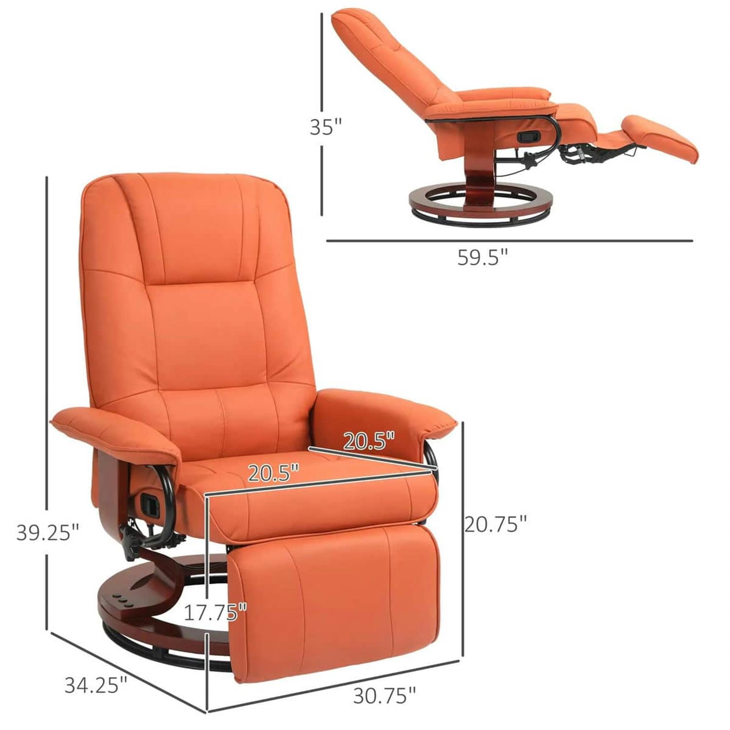 Demi Bonn 39" Faux Leather Swivel Recliner with Footrest, Armrest and Wooden Base for Living Room, Comfort High-Backed Sofa Chair, Orange