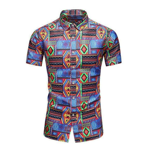 Alkepwun Hawaiian Shirt for Men Plus Size Boho Floral Short Sleeve Shirt Beach Stand-up Collar Shirt Printed Summer Casual Slim Fit Shirts on Clearance