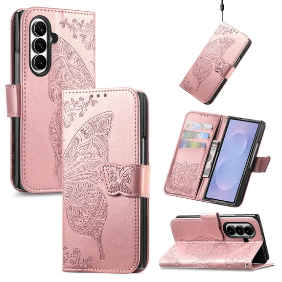Poweltek Magnetic Protective Folio Case for Samsung Galaxy Z Fold 8 Ultra, Shock-Absorbing PU Leather Wallet Strap Cover with 3 Card Slots Cash Holder, Rosegold