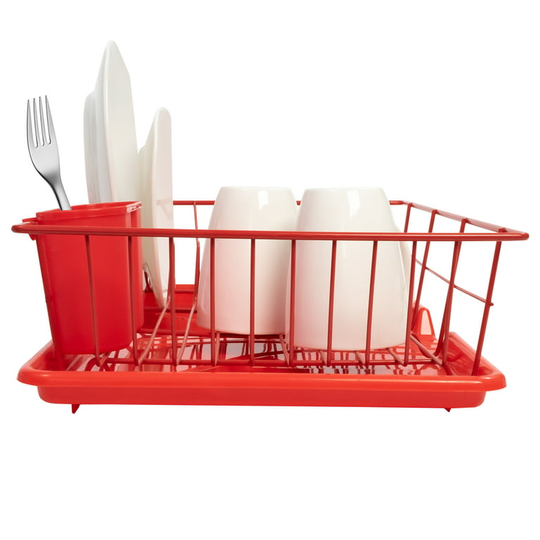 Dish Drying Rack (Red) | By Home Basics | Dish Drainers For Kitchen Counter  | With Sloping Tray and Utensil Holder | Big Dish Drying Rack