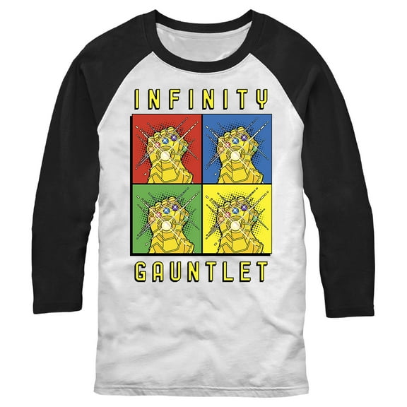 Men's Marvel Infinity Gauntlet Retro Boxes  Baseball Graphic Tee White/Black Medium