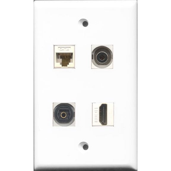 RiteAV 1 Port HDMI and 1 Port Toslink and 1 Port 3.5mm and 1 Port Cat6 Ethernet White Wall Plate