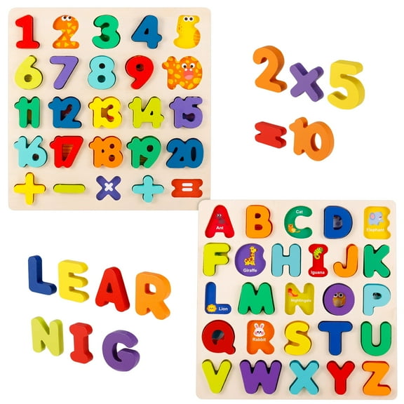 sixwipe 2 Pack Wooden Puzzles for Toddlers, Alphabet Puzzle and Number Puzzle, 2 in 1 Preschool Educational Learning Toys with Chunky Wood ABC Puzzle Board for 3  Girls Boys Kindergarten