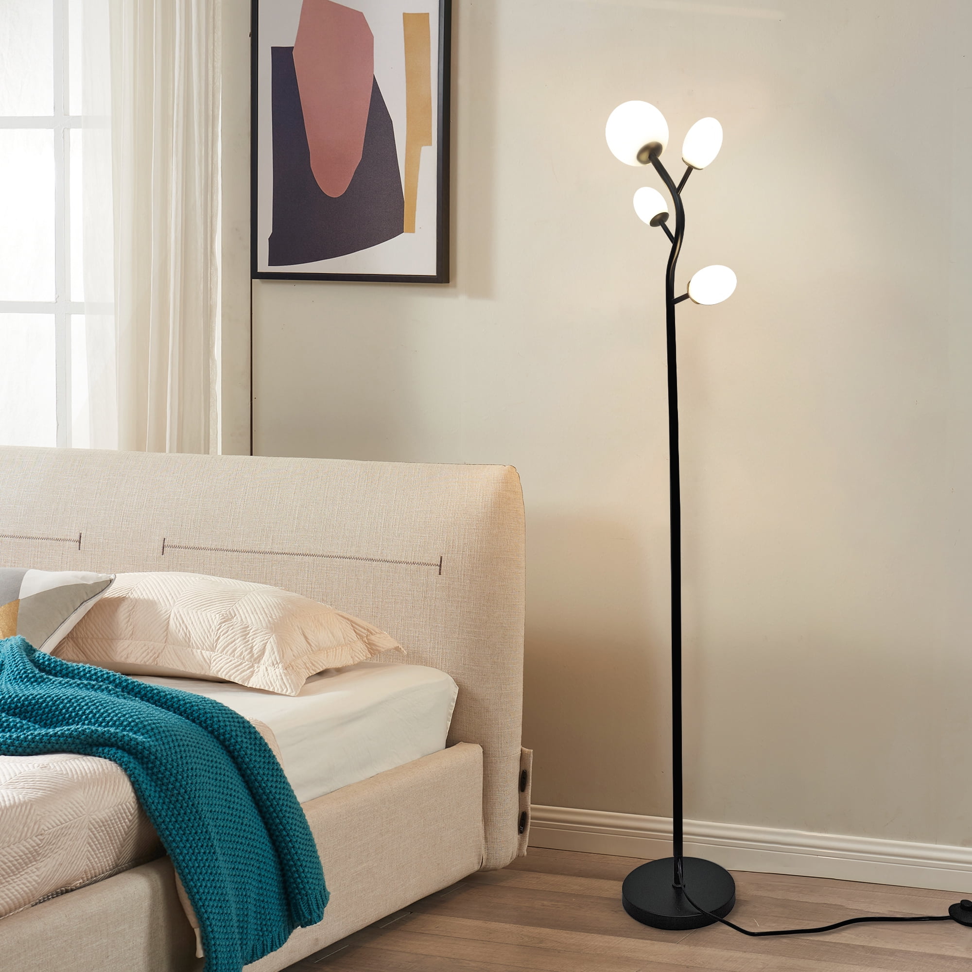 GCGAFUL 4-Light Glass Floor Lamp for Living Room, Modern Black Tree-Style Standing Lamp with Weighted Base, 3000K Warm Soft Light for Bedroom Office