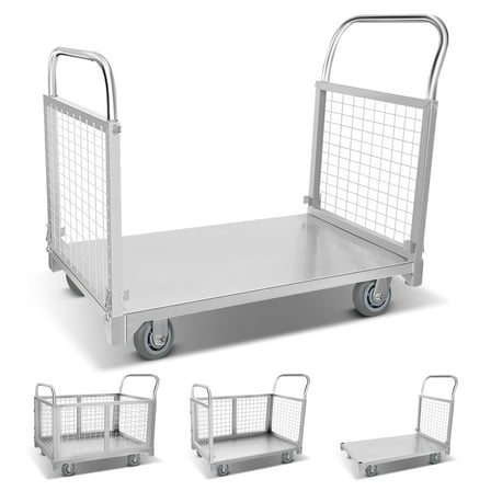 Platform Truck Cart with Cage, 4 in 1 Foldable Heavy Duty Push Cart Dolly, 800lbs Capacity, Swivel Wheels, Multipurpose for Grocery/Laundry/Stall/Storage