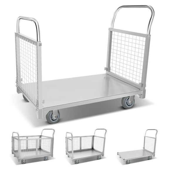 Platform Truck Cart with Cage, 4 in 1 Foldable Heavy Duty Push Cart Dolly, 800lbs Capacity, Swivel Wheels, Multipurpose for Grocery/Laundry/Stall/Storage