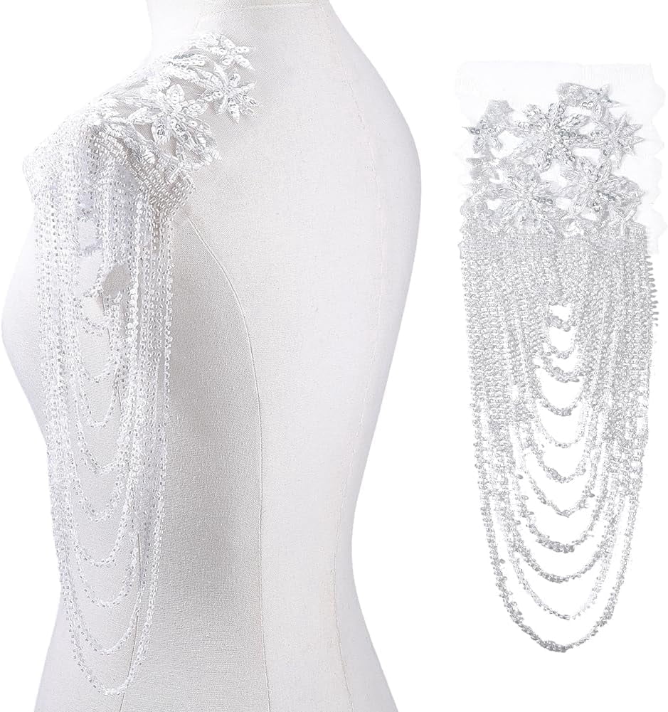 ABPETE 1 Pair Handmade 3D Flower Rhinestone Applique 14.96~16.54inch Long Goldenrod Sewing Crystal Fringe Beads Sequins Patches Embroidery Beaded Epaulettes for Evening Gown Wedding Dress Decor