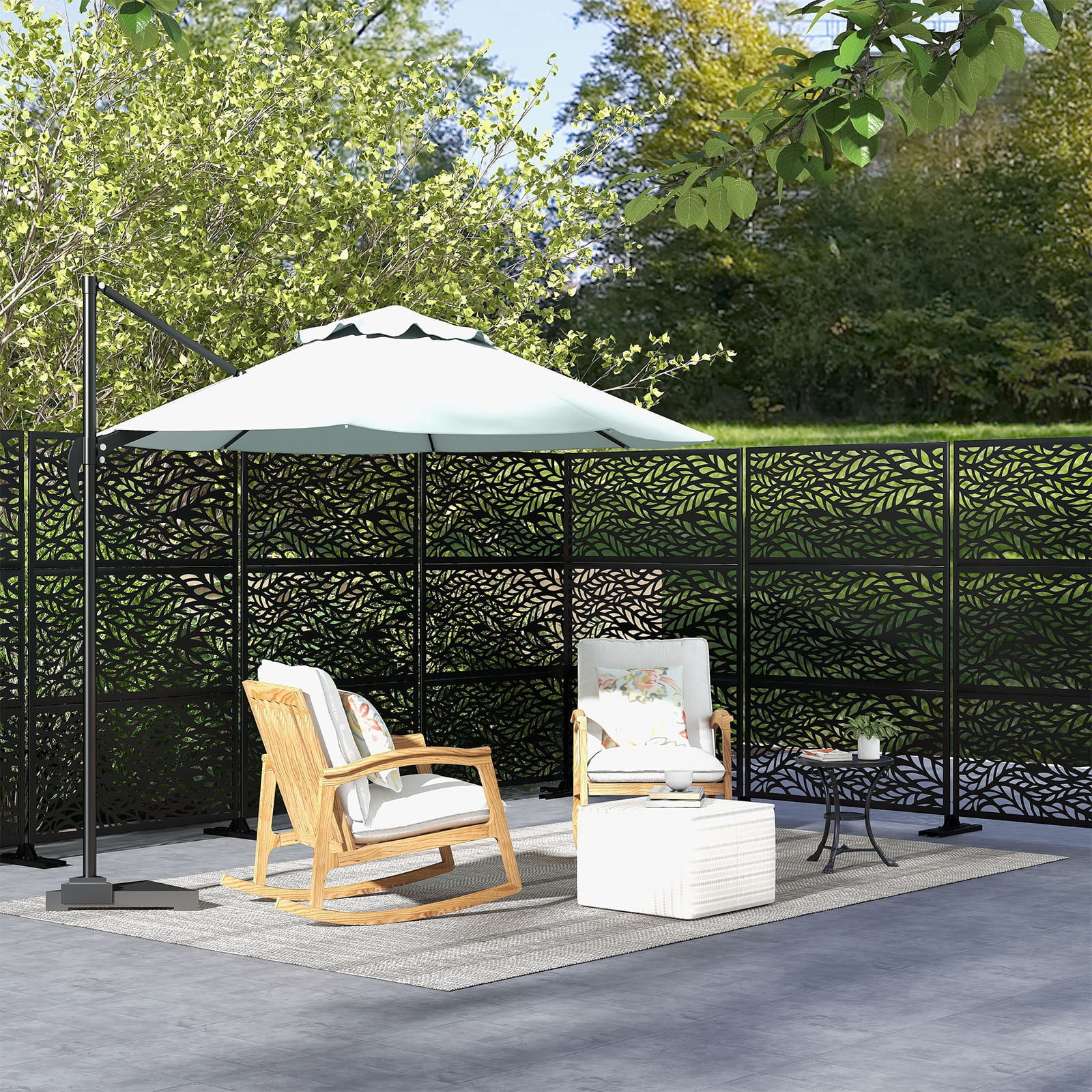 MAYEERTY 72*47" Outdoor Metal Freestanding Privacy Panel Screen for Patio, Flowing Leaf Pattern, Black